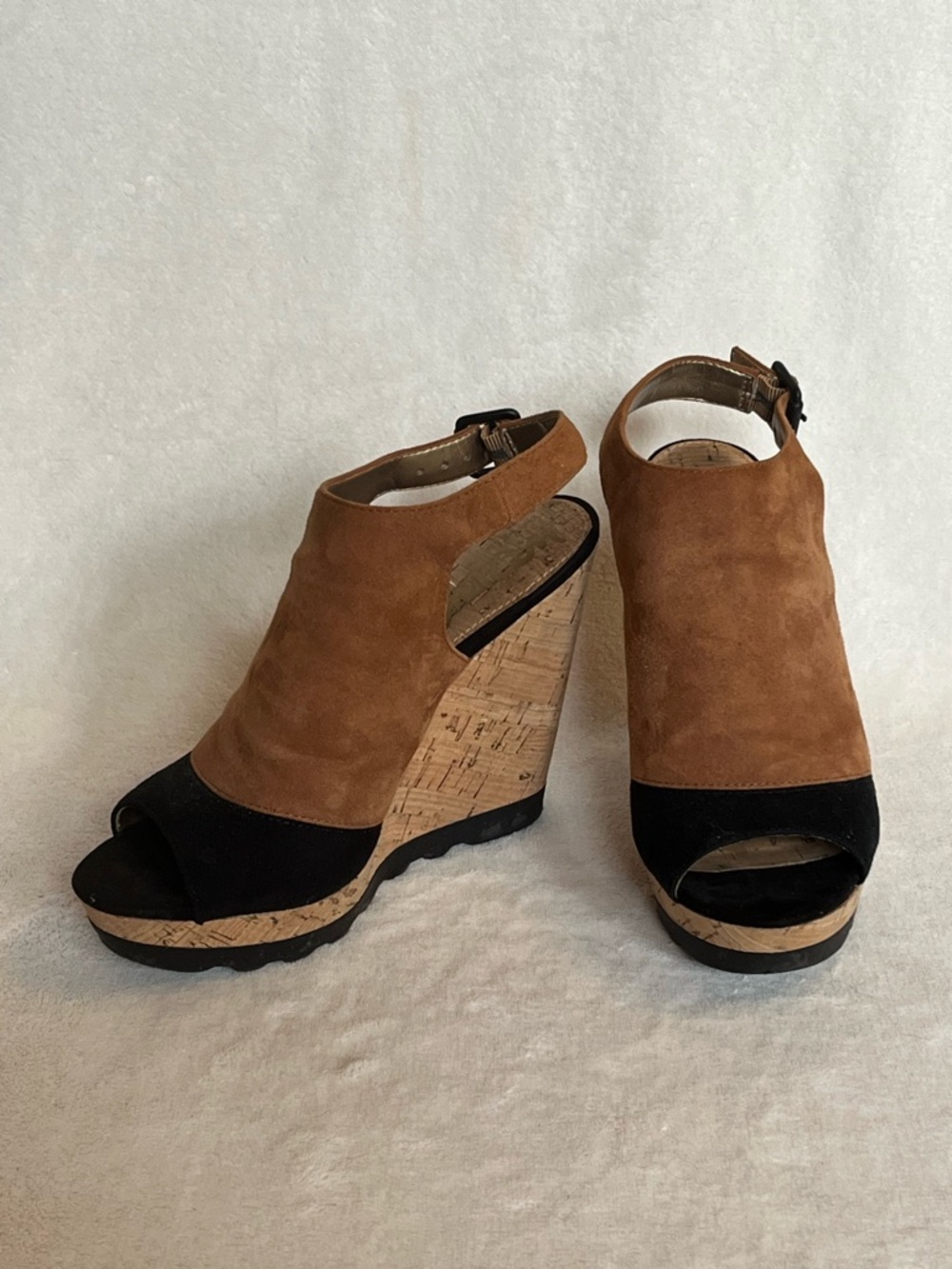 Sam Edelman Two-Tone Suede Peep-Toe Wedge Sandals in Brown and Black